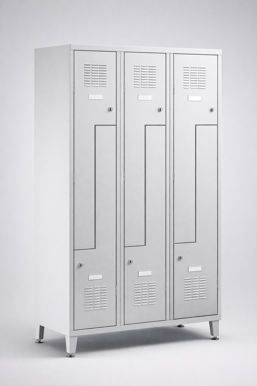 L-förmiger Mitarbeiterspind Sul 33 W st – auf Füßen - die effiziente Nutzung der Umkleidefläche bei voller